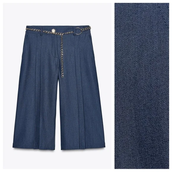 NWT. Zara Blue/Indigo High-Waisted Pleaded Long Shorts. Size S.